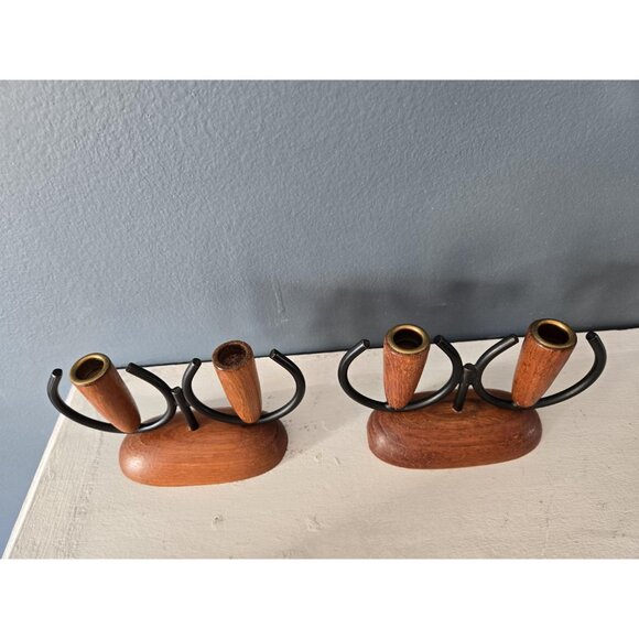 Danish Teak Candleholders Set of Two Luthje Denmark Modernist Brass Metal Wood - Picture 8 of 9